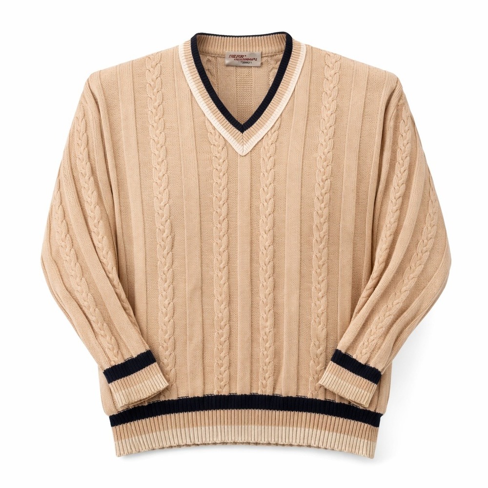 VTG 90s The‎ Fox Collection Cable Knit V Neck Tennis Sweater Men XL Oatmeal Ivy